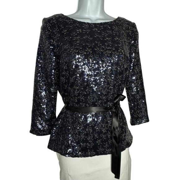 Alex Evenings Navy Blue Sequin Floral Top  3/4 Sleeves Size Small NWT - Picture 10 of 10